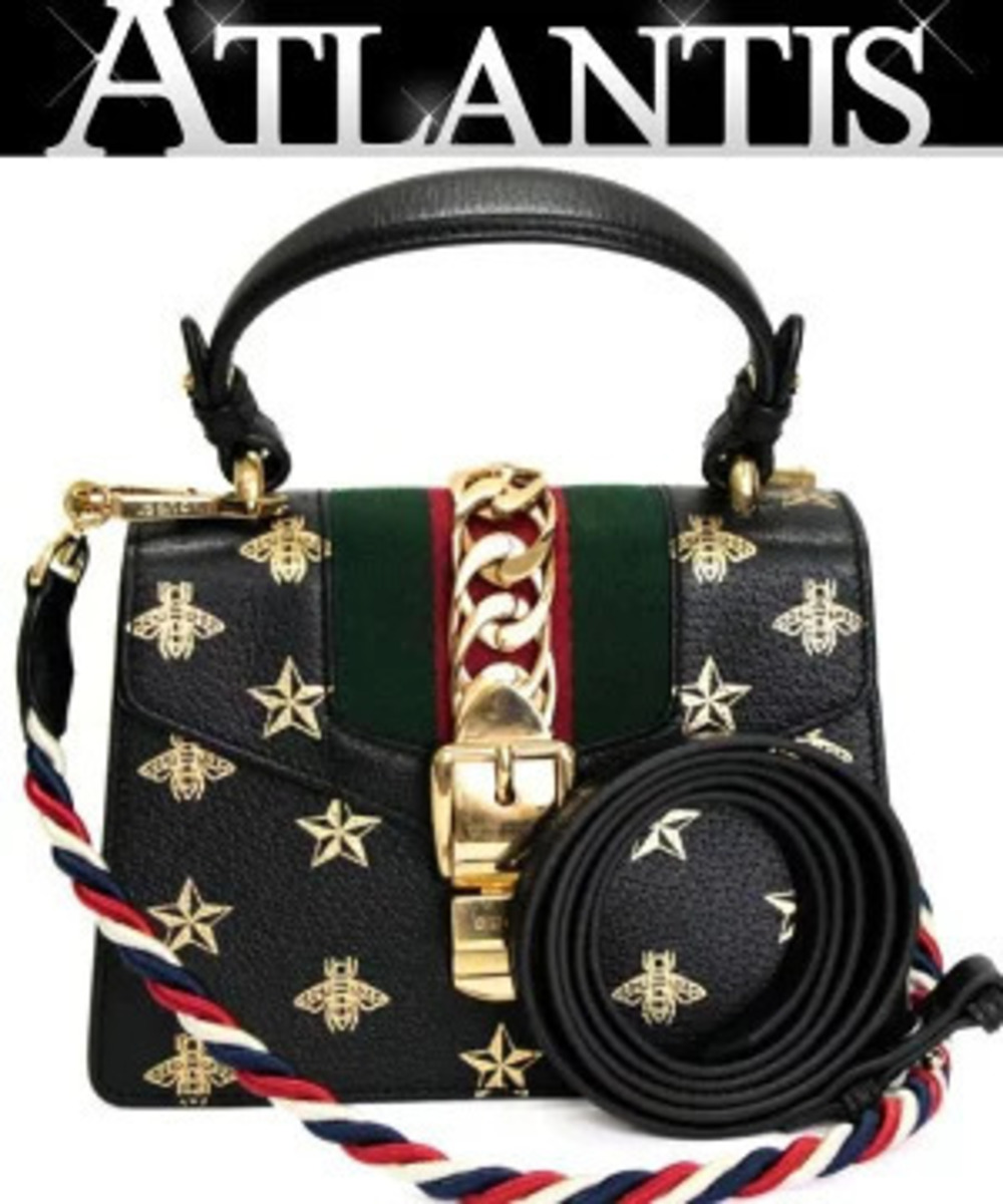 Gucci Sylvie Top Handle 2way Shoulder Bag Sherry Leather Black